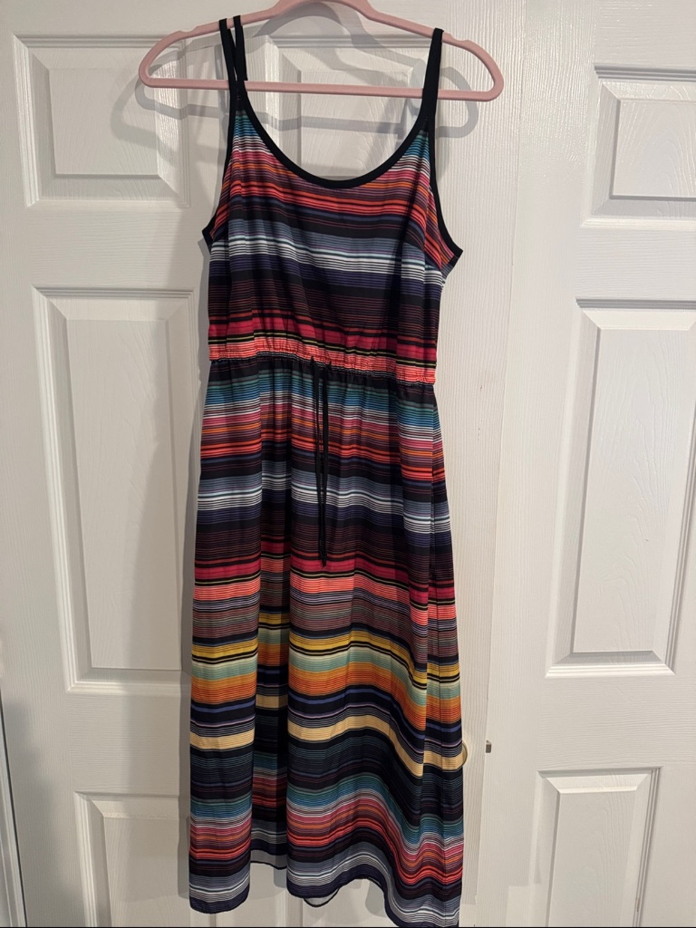 Athleta Multicolor Striped Midi Dress with Black Trim